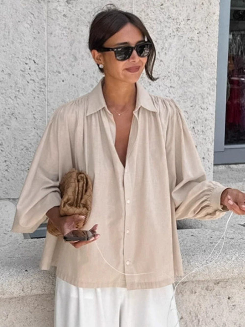 Forever 21 Breathable Linen Shirt Loose Pleated Lantern Sleeve